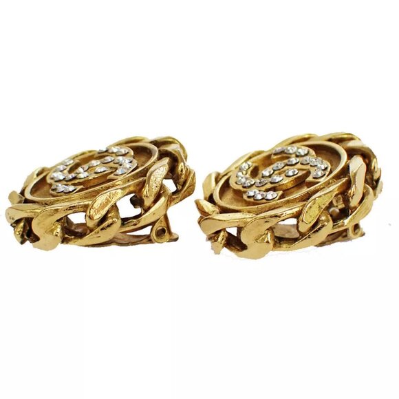 Auth CHANEL CC Logo Round Button Earrings 23 Rhinestone Clip-On GHW Vintage - Picture 3 of 9